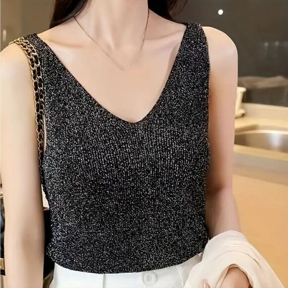 Solid Sequin Knitted Top, V-Neck Sleeveless Casual Top Size M, L, XL - Picture 6 of 14